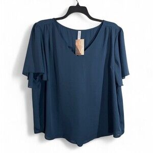 Zenana Women’s Blouse 3X Blue V-Neck Ruffle Sleeves Flowy Dressy Chiffon Top